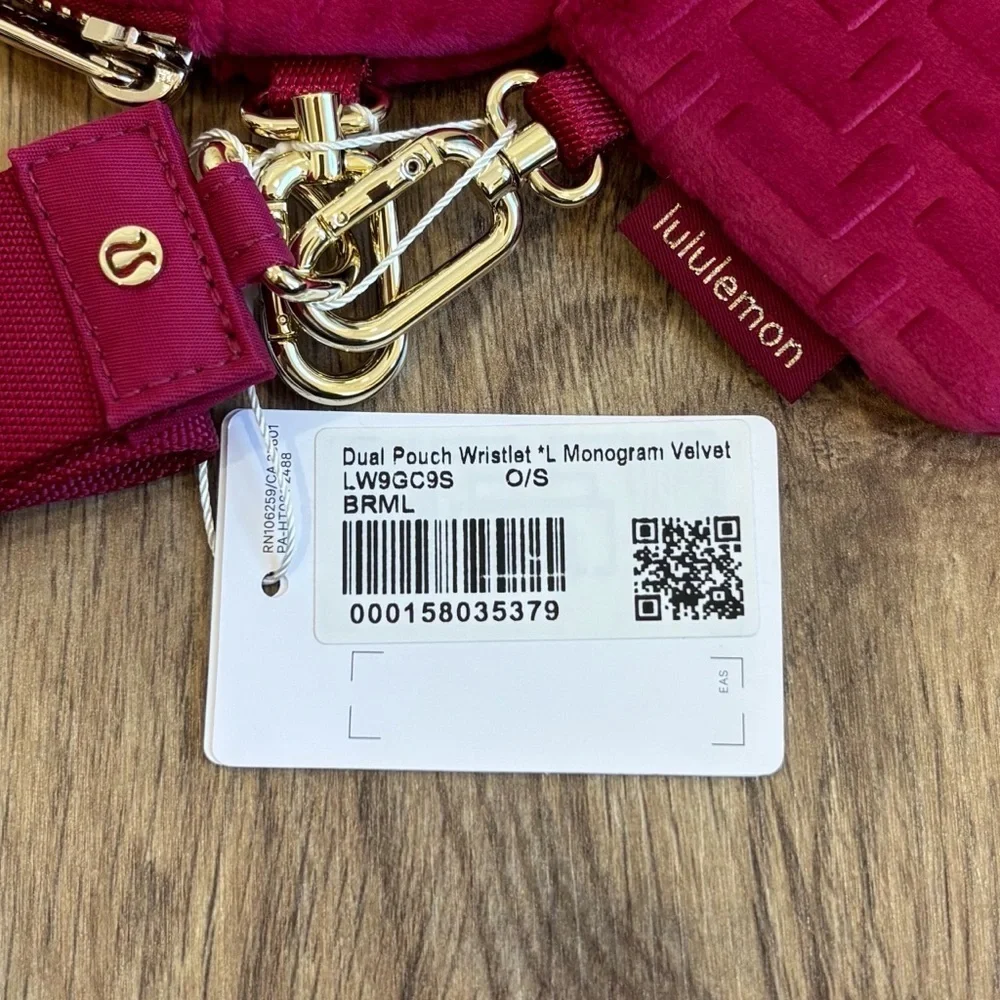 NWT Lululemon Dual Pouch Wristlet *L Monogram Velvet In Berry Rumble